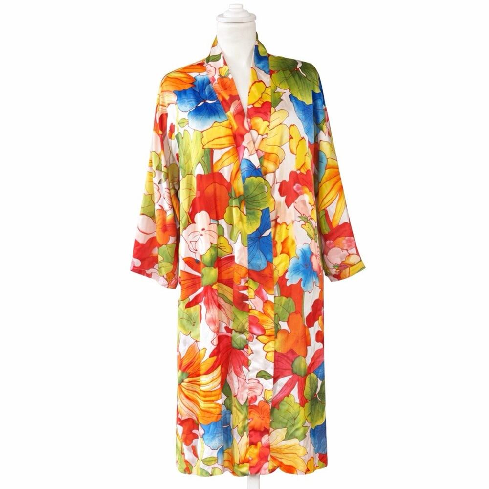 Natori Bright Tropical Floral Golden Girls Kimono Sleeve Robe M